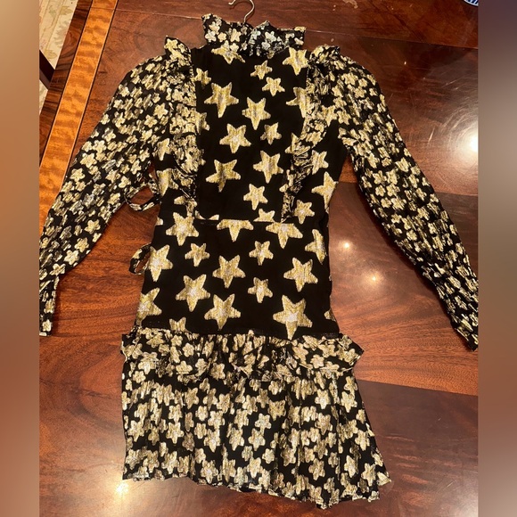 LoveShack Fancy Black Findlay Gold Star Wrap Mini Dress - Picture 4 of 5